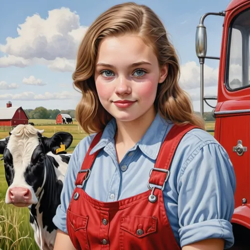 Prompt: Round shaped Dairy Farm Logo. a Polish-American young woman of 17 years old.  She has hazel eyes with light brown hair. She wears bib overalls with a red button down shirt and a white t-shiry. She is with a 1950s redtractor and a black and white Holstein cow with big beautiful eyes. Hay field. a minnesota flag in the background and a farm scene, Bessie Wheeler,  realism, high detail illustration, a character portrait.  Redtractor tractor Holsteincow. Holsteincow