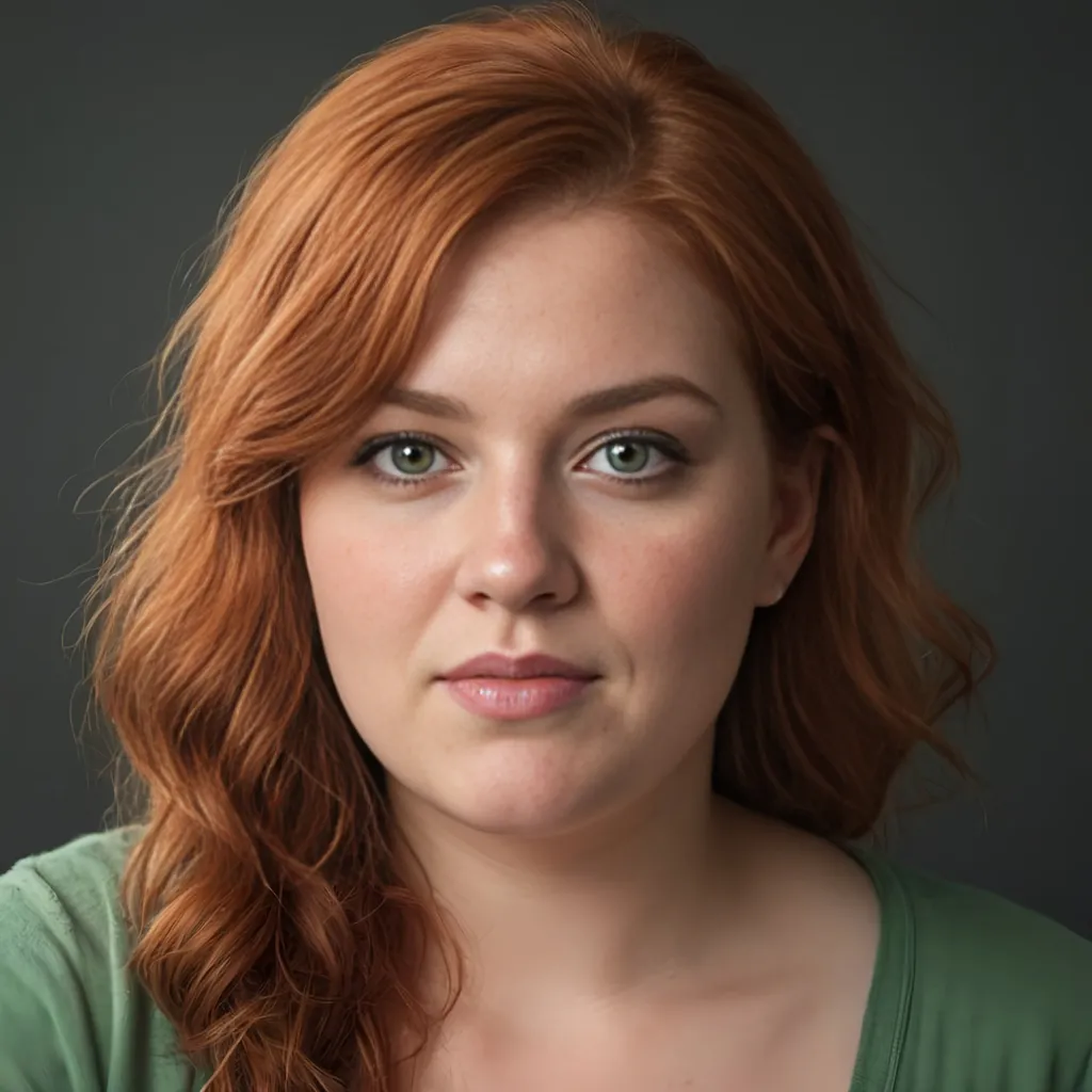 Prompt: Photorealistic image of a tall, plus-size woman with raw, hyper-realistic features, Scottish, Norwegian, and Polish descent, dramatic lighting, full-length, short curly red hair, striking green eyes, curvy, large chest, attractive, detailed features, raw beauty, highres, dramatic lighting, photorealistic, detailed hair, striking green eyes, plus-size, Scottish, Norwegian, Polish descent, attractive, tall, raw