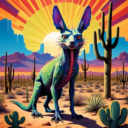 Prompt: a painting of a chupacabra in the southwest desert and saguaros in the background and a sun in the sky, Android Jones, psychedelic art, triadic color scheme, an art deco painting