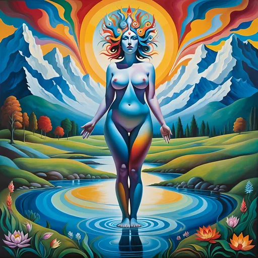 Prompt: Goddess of fertility and motherhood. Blend ideas from the works of these folks to make a unique brightly colored painting:  Gustave Courbet, Giorgione, MC Escher, Ansel Adams, Edvard Munch, Wassily Kandinsky, Andy Warhol, geometric bodypaint,

The painting is of unclothed ghostly bare nudewoman grotesque dismal inhuman Mirage plus size swirling bodypaint 

Her legs are open. Welcoming.

Head to toe, full body image of the bare woman in a landscape. 
Colorful
Serendipity 
Abstract
Surreal
Contradiction
Ironic
Paradox

