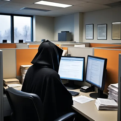 Prompt: Style of Dorothea Lange and Norman Rockwell.
Setting in an office cubical answering email. Liminal space. 2024

He wears a cowl over his head and neck. His black evil woolen robes and clothing are meticulously cared for.  His face is shadowed in darkness.  Invisible face. Glowing eyes. Sauron, Lord of Darkness, Woe, and Everlasting Doom. view from behind.  Workstation.  Laptop. 1 external Monitor. Cubicle. Ignored Piles of papers and folders and open books. Disorganized. Caucasian 