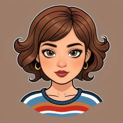 Prompt: Stylized cartoon woman on a T-shirt image, crocheting, vector flat logo, simple lines, cute cartoon illustration, pixiecut short brown hair, brown eyes, narrow nose, Scottish heritage, round face.  Stressed and Half crazy.  Marvel graphic T-shirt beautiful. Plus size.