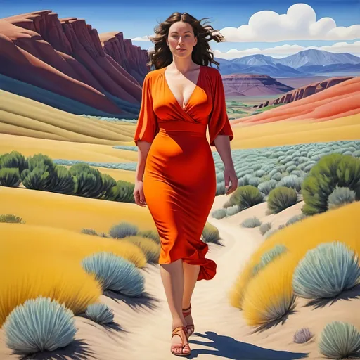 Prompt: Bare scottish Woman beautiful walking in a landscape. Age 42. Super bright and colorful. Head to toe. Thin lips. Narrow nose. Full body image. "Symmetrical face". fusion of the art styles of  Divinci, Georgia O'Keeffe, Venus, thesexual
Sandals,  "strikingly beautiful dress." Plus. Full. Healthy. Subtleeroticism, "Utah high desert" tooele. Size. Photorealistic. Love. Desire. Drama. Walking away. Plus. Fullhips.
