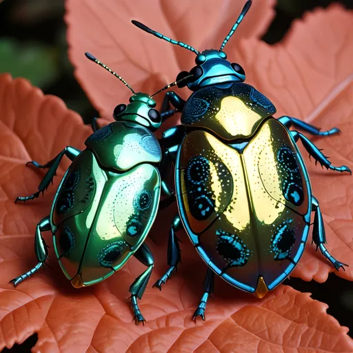 Prompt: Two brightly colored Beatles one resembles a shiny slice of lemon the other resembles a shiny slice of lime. Both have reflective carapaces that glitter in the sunlight.  It's a bright morning. The Beatles crowl on reddish leaves.  Photorealistic.  You can see facets on the carapaces that look like the segments of Citric fruits. Fruit like bugs. Metallicgreen carapace and metalicyellowcarapace black spots