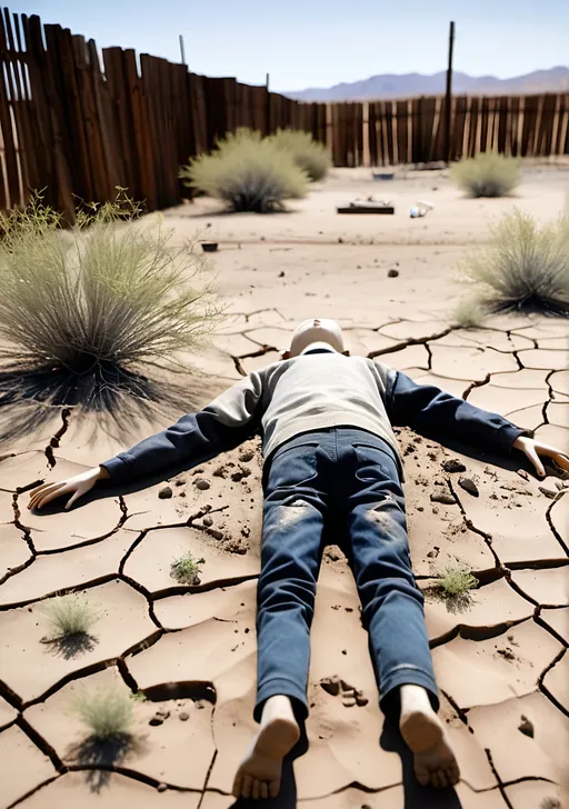 Prompt: A Ken doll lays in the dry high desert dirt of the back yard.  We see his back and the back of his head. He is inanimate  and abandoned.  Weeds are sprouting in the ground around him.  Stark, dismal, Bleak, hopeless, dismal, dark, useless, lonely, worthless, unneeded, burdensome, superfluous. Mattel. Ken.  You can see a fence and a swing set in the background. Limbs asque. Passive. Lifeless. Static. Looking down