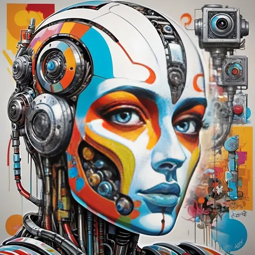 Prompt: Blend ideas from the works of these folks to make a unique brightly colored painting: Douglas Adams, Pablo Picasso, Dr Seuss, Android Jones, cubo-futurism, tristan eaton, and graffiti art

The painting is robot cyborg human hybrid. Sexyescort confident

Head to toe, full body in a landscape.
Colorful
Serendipity 
Abstract
Surreal
Contradiction
Ironic
Paradox

