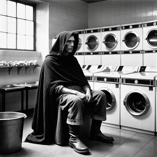 Prompt: Style of Dorothea Lange and Norman Rockwell.
Setting laundromat. Liminal space.
Dark Lord Sauron is sitting in a plastic chair waiting for his laundry.
He wears a cowl over his head and neck. He also wears a loincloth.  He has his detailed black leather medieval boots on. He is otherwise bare and unclothed.  He appears to be somewhat fit but a little pudgy around the gut.   His face is shadowed and dark.