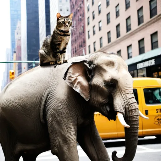 Prompt: a cat sitting on an elephant in new york
