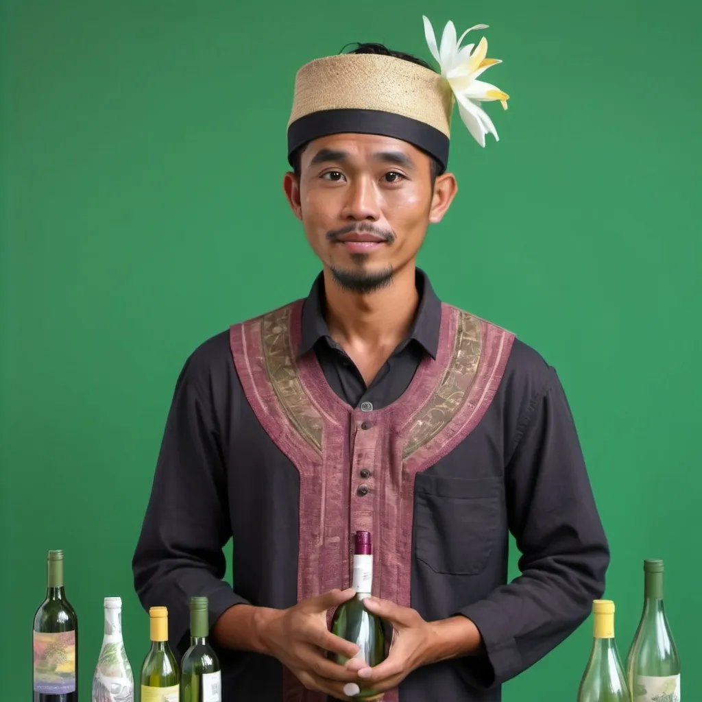 Prompt: (realism style), a Balinese man, engaged in an informative gesture, explaining the recycling process of waste wine bottles, emphasis on environmental awareness, surrounded by examples of repurposed bottles, serene natural backdrop, captured with a (cool color scheme), bright yet calming atmosphere, (inspirational) mood, (4K) quality, ultra-detailed presentation.