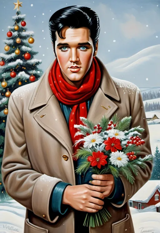 Prompt: Elvis Presley in a coat and scarf holding a christmas  bouquet in the snow with a christmas scene in the background, Ernest William Christmas, naive art, handsome, a fine art painting