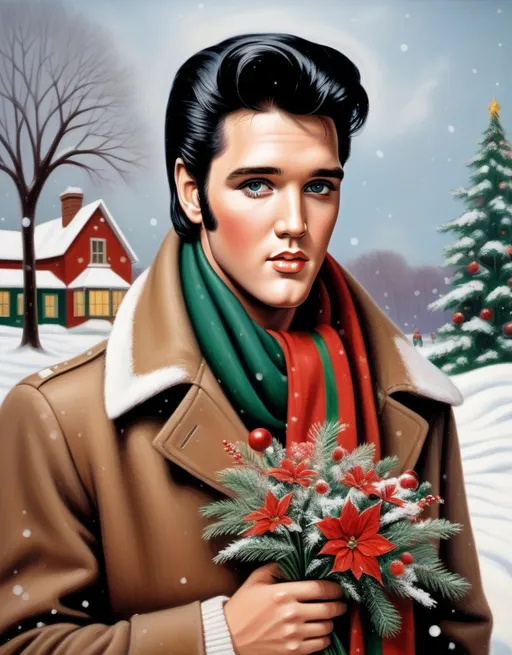 Prompt: Elvis Presley in a coat and scarf holding a christmas  bouquet in the snow with a christmas scene in the background, Ernest William Christmas, naive art, handsome, a fine art painting