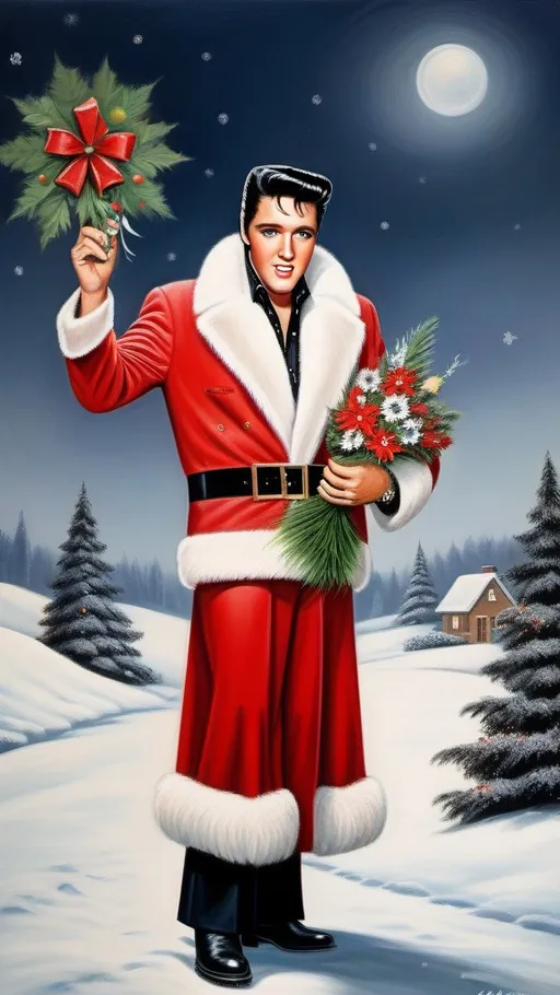 Prompt: Elvis Presley in a Santa coat in fur , wearing santa hat  ,holding a christmas  bouquet in the snow with a christmas scene in the background, Ernest William Christmas, naive art, handsome, a fine art painting