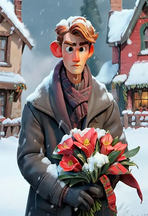 Prompt: a man in a coat and scarf holding a bouquet of flowers in the snow with a christmas scene in the background, Ernest William Christmas, naive art, handsome, a fine art painting