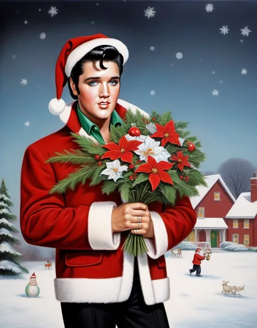 Prompt: Elvis Presley in a Santa coat, wearing santa hat  ,holding a christmas  bouquet in the snow with a christmas scene in the background, Ernest William Christmas, naive art, handsome, a fine art painting