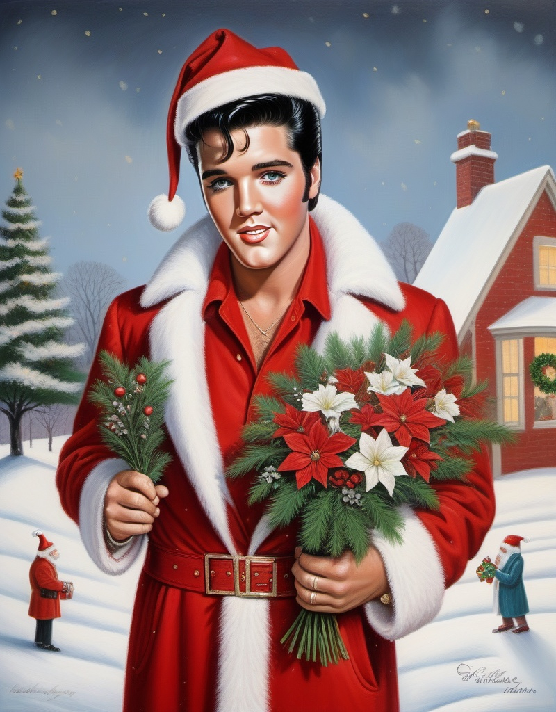 Prompt: Elvis Presley in a Santa coat, wearing santa hat  ,holding a christmas  bouquet in the snow with a christmas scene in the background, Ernest William Christmas, naive art, handsome, a fine art painting