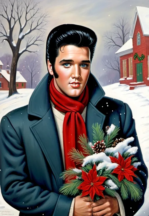 Prompt: Elvis Presley in a coat and scarf holding a christmas  bouquet in the snow with a christmas scene in the background, Ernest William Christmas, naive art, handsome, a fine art painting