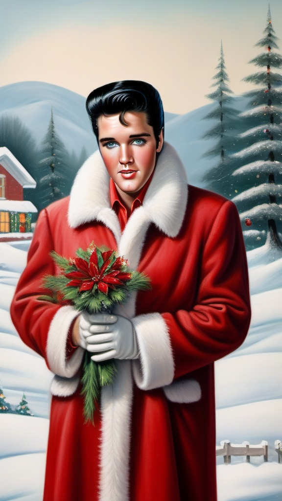 Prompt: Elvis Presley in a Santa coat in fur , wearing santa hat  ,holding a christmas  bouquet in the snow with a christmas scene in the background, Ernest William Christmas, naive art, handsome, a fine art painting