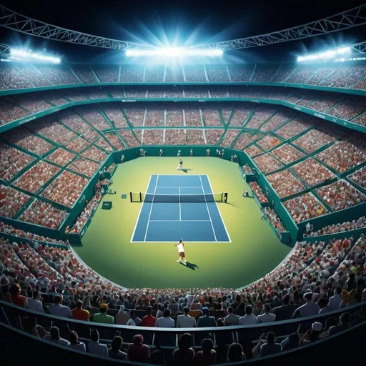 Prompt: Create a vibrant and detailed bird's-eye view illustration of a tennis stadium during a live match featuring Roger Federer. The stadium should be packed with cheering fans, with bright lights illuminating the court. The tennis court should be clearly visible in the center, with Roger Federer and his opponent in action. Surrounding the court, include the stands filled with spectators, sponsor banners, and stadium infrastructure like scoreboards and lighting towers. The background should feature the energetic atmosphere of a live tennis event, with dynamic and colorful patterns in shades of green, blue, and yellow. Ensure the overall composition captures the scale and excitement of the match, with vivid, eye-catching details and a lively ambiance.