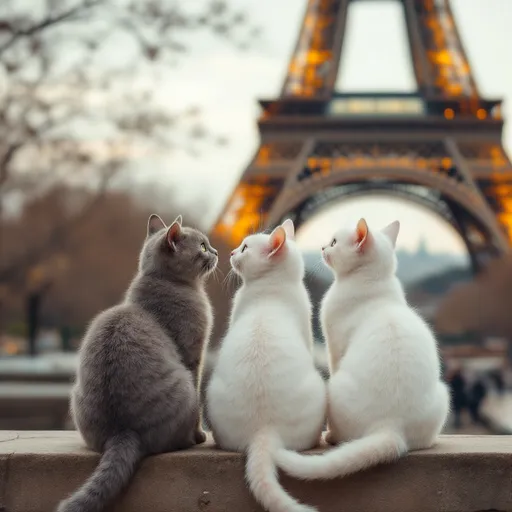 Prompt: 3 cats seating and watching the aifel ltower 