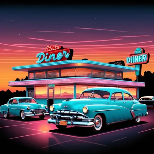 Prompt: 
2100+ Midjourney Prompts - FREE 🎁
100%
B25

A retro diner set against a stunning sunset sky, with neon lights illuminating the scene and vintage cars parked outside, Retro sunset style, 1950s nostalgia, American diner culture, T-shirt design graphic, vector, contour, black background
 
 
 	
A retro diner set against a stunning sunset sky, with neon lights illuminating the scene and vintage cars parked outside, Retro sunset style, 1950s nostalgia, American diner culture, T-shirt design graphic, vector, contour, black background
Turn on screen reader support
