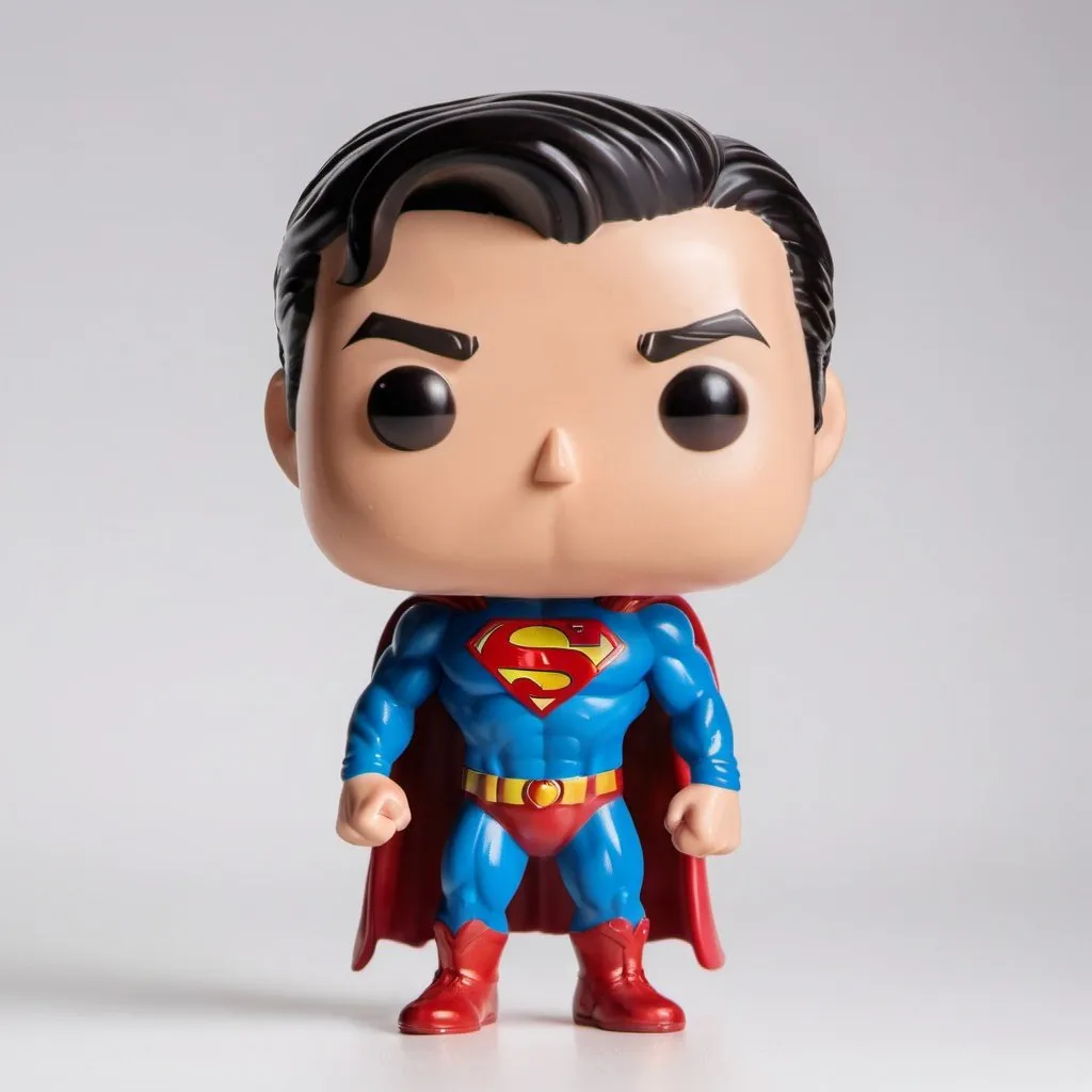 Prompt: Funko pop superman figurine, made of plastic, product studio shot, on a white background, diffused lighting, centered.