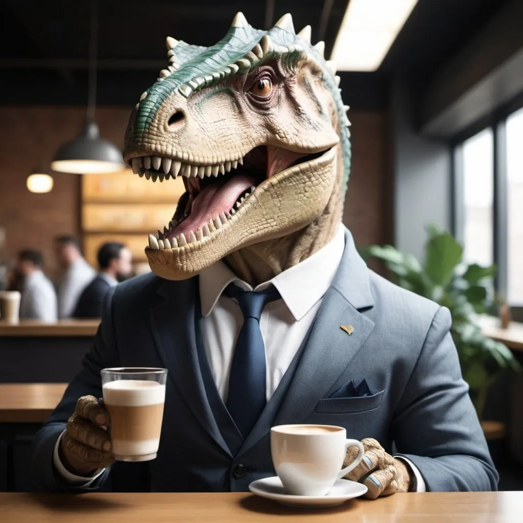 Prompt: A dinosaur that's a Cheif AI Officer at a New York advertising agency. He's very cool with a beard and wearing a suit. He's drinking a latte. high definition, film stock photo