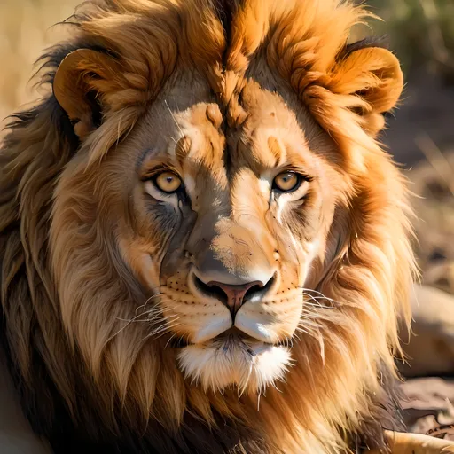 Prompt: (glorious lion face), vibrant colors, majestic expression, detailed mane with sunlit highlights, piercing eyes with a fierce gaze, rich textures in fur, lush background with a hint of wild savanna, warm, golden ambient light illuminating the scene, ultra-detailed, high-resolution, animal portrait that evokes strength and nobility.