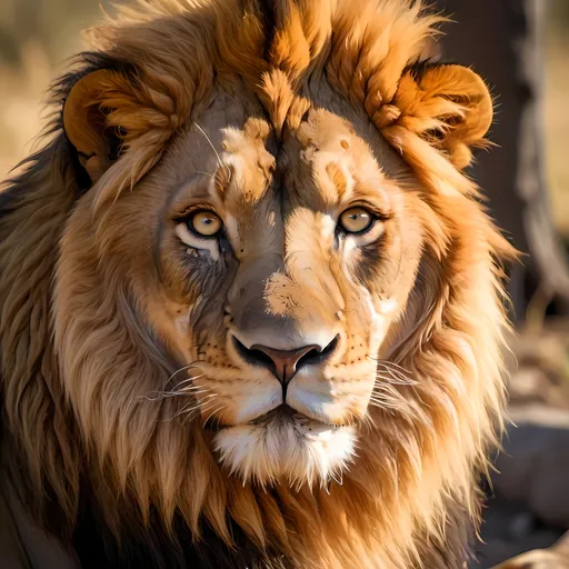 Prompt: (glorious lion face), vibrant colors, majestic expression, detailed mane with sunlit highlights, piercing eyes with a fierce gaze, rich textures in fur, lush background with a hint of wild savanna, warm, golden ambient light illuminating the scene, ultra-detailed, high-resolution, animal portrait that evokes strength and nobility.