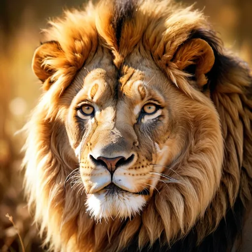 Prompt: (glorious lion face), vibrant colors, majestic expression, detailed mane with sunlit highlights, piercing eyes with a fierce gaze, rich textures in fur, lush background with a hint of wild savanna, warm, golden ambient light illuminating the scene, ultra-detailed, high-resolution, animal portrait that evokes strength and nobility.