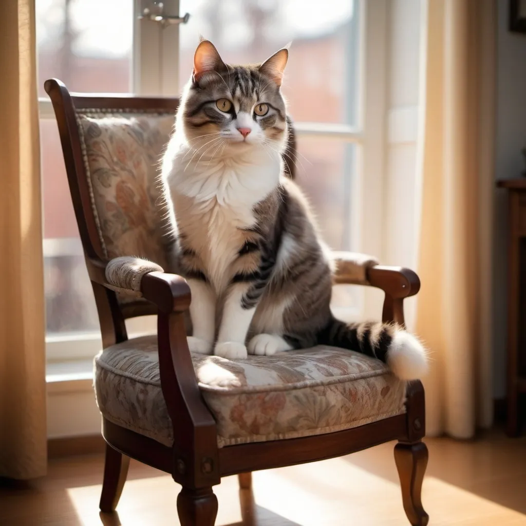 Prompt: (cat sitting on a chair), cozy setting, warm lighting, inviting atmosphere, soft textures, detailed patterns on the chair, gentle shadows, a hint of sunlight filtering through a window, smooth fur, expressive eyes, high quality, ultra-detailed, capturing a serene moment of relaxation and comfort.