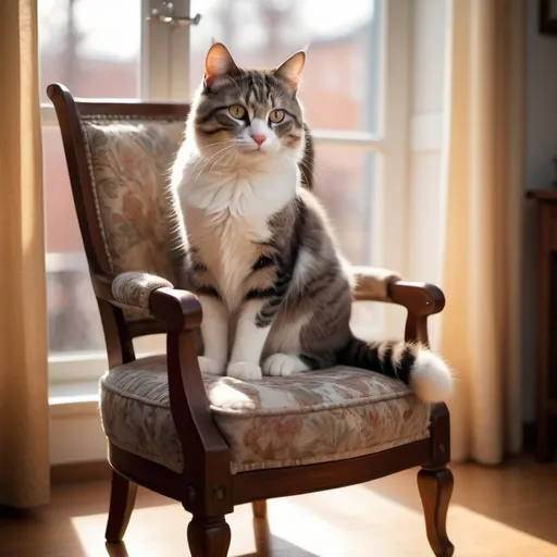 Prompt: (cat sitting on a chair), cozy setting, warm lighting, inviting atmosphere, soft textures, detailed patterns on the chair, gentle shadows, a hint of sunlight filtering through a window, smooth fur, expressive eyes, high quality, ultra-detailed, capturing a serene moment of relaxation and comfort.