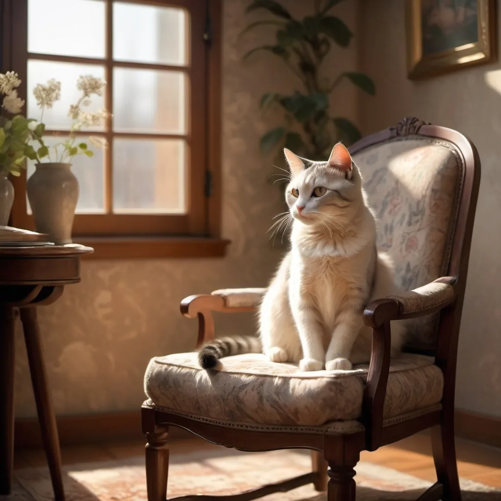 Prompt: (cat sitting on a chair), cozy setting, warm lighting, inviting atmosphere, soft textures, detailed patterns on the chair, gentle shadows, a hint of sunlight filtering through a window, smooth fur, expressive eyes, high quality, ultra-detailed, capturing a serene moment of relaxation and comfort.