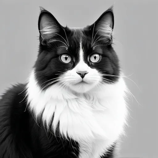 Prompt: (black and white) photo of a cat, anime style, adorable feline expression, detailed fur patterns, simple outlines for easy coloring, playful demeanor, inviting pose, high contrast, engaging for coloring enthusiasts, minimalist background to enhance focus on the cat, HD, suitable for printing as a coloring page.