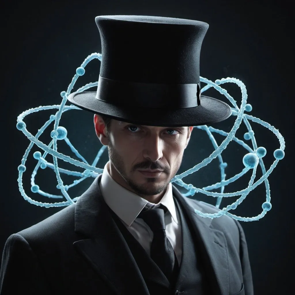 Prompt: a mysterious man with a black hat that can freeze the atoms in place