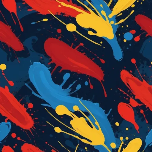 Prompt: Design a seamless pattern using abstract brush strokes and splatters. Incorporate a mix of thick, bold lines and delicate, fluid strokes, using a vibrant color palette of contrasting hues like red, blue, and yellow. The pattern should feel dynamic and artistic, with a sense of movement and energy."