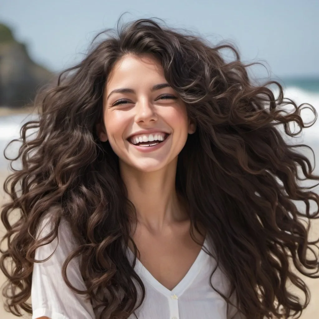 Prompt: women with verry voluminus long, shiney, curly dark hair, smiles a georges big smile. is verry happy and spontanious. the hair flutters in the wind

