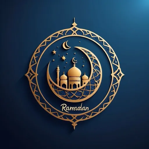 Prompt: Ramadan logo, authentic, crescent symbol, blue color, empty space in the middle, ad-style, food photography, artistic, high resolution, clean design, spacious layout, elegant, traditional, simple, detailed calligraphy, professional lighting, minimalistic, best quality