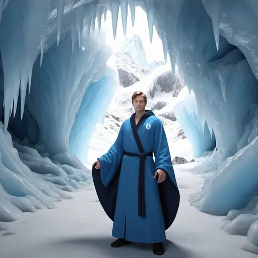 Prompt: 3D reddit rendering, blue robe, ice cave back ground, blue eyes