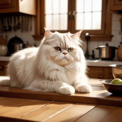 Prompt: (White, soft, furry Persian cat) laying comfortably on an oak kitchen table, slight reflection on the table, being petted by a large, very muscular ogre, photorealistic, high definition, ultra-detailed, warm tone, cinematic lighting, serene and cozy atmosphere, rich brown and golden hues, detailed background with rustic kitchen setting, sunlight streaming through a window, oak cabinets and utensils visible, high quality, 4K.