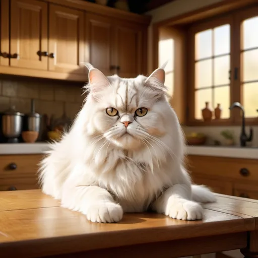 Prompt: (White, soft, furry Persian cat) laying comfortably on an oak kitchen table, slight reflection on the table, being petted by a large, very muscular ogre, photorealistic, high definition, ultra-detailed, warm tone, cinematic lighting, serene and cozy atmosphere, rich brown and golden hues, detailed background with rustic kitchen setting, sunlight streaming through a window, oak cabinets and utensils visible, high quality, 4K.