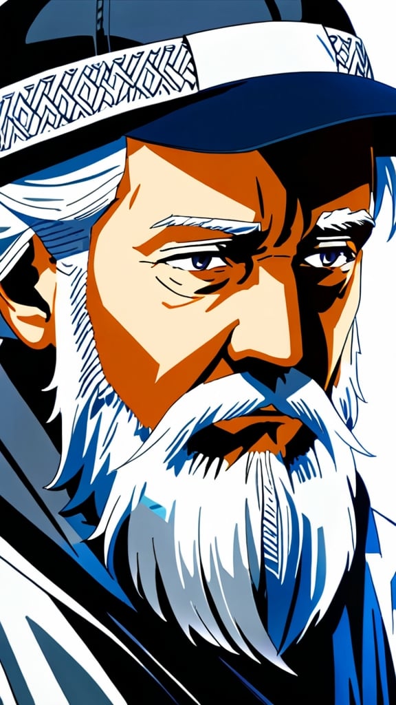 Prompt: anime, elderly man, detailed, white and gray hair, beard, somber, and very detailed