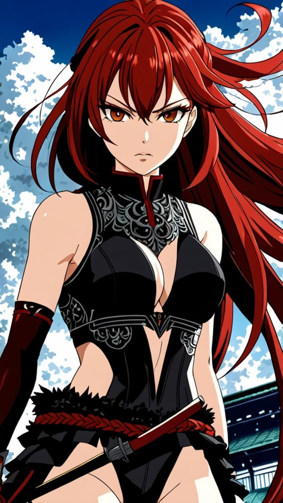 Prompt: anime, women, detailed, red hair, fierce, and very detailed