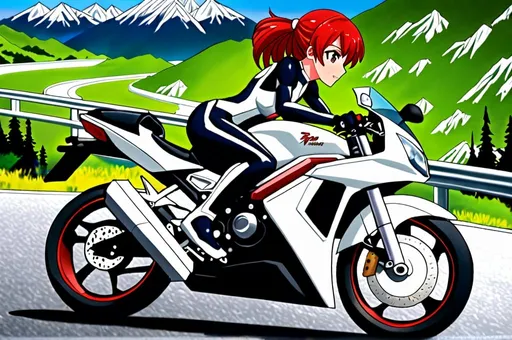 Prompt: anime, motor cycle street bike, detailed, white and gray trim, mountain terrain with white-capped mountains, and very detailed. anime , girl, red head, driving bike,  skin tight clothes 