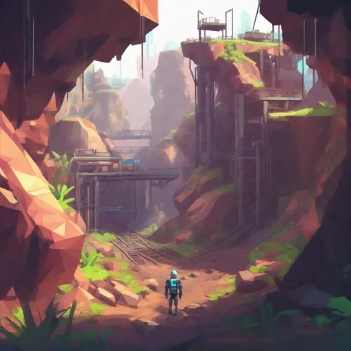 Prompt: Concept art, sci fi mine, low poly retro pixel art, lush environment, seen from first person perspective