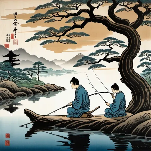 Prompt: Lord Buddha and Latin American man fishing on amate tree branch, Japanese woodblock printing, tranquil stream, Japanese calligraphy, detailed facial features, serene expression, traditional art style, peaceful atmosphere, clear stream, detailed woodblock print, serene, tranquil, detailed facial features, centralid phenotype, amate tree, fishing rods, Japanese calligraphy, traditional, highres, detailed, peaceful, serene atmosphere, woodblock printing, detailed eyes, serene expression, peaceful setting, Japanese art style