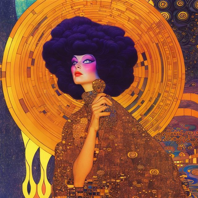 Prompt: Woman in psychedelic 1960s fashion standing next to an art deco sci-fi portal, Gustav klimt style, Maxfield Parrish style, Jean Giraud style