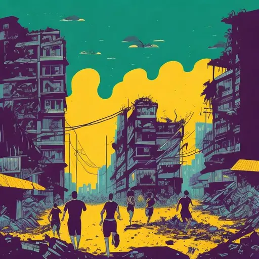 Prompt: brazil, tropical, lots of people, running, broken buildings, fire, screaming, destroyed city, album cover, illustration