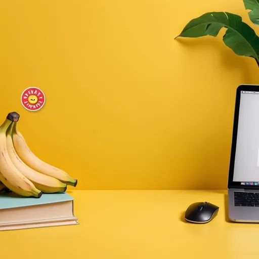 Prompt: banner with a yellow background, rounded corners, and happy bananas wearing T-shirts: and have a mouse pad in hand and have sticker pack in hand and ... the banner width should be 1216x406

