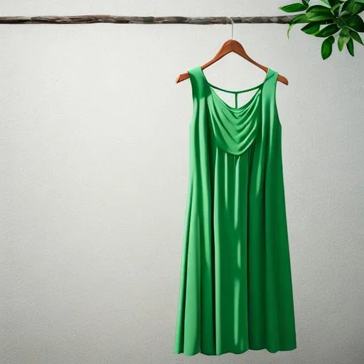 Prompt: Green summer dress on a hanger solid fill background, realistic photography