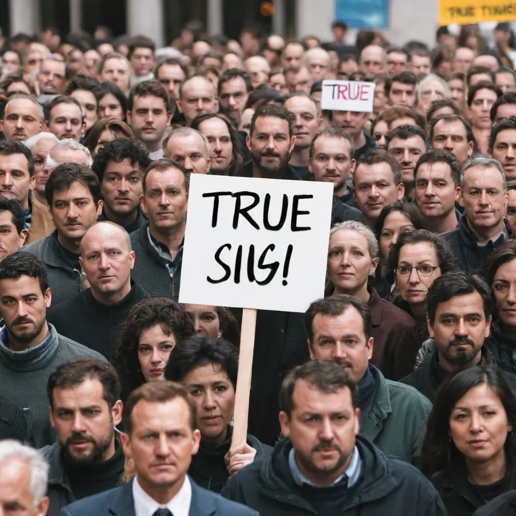 Prompt: man holding a true sign in a crowd